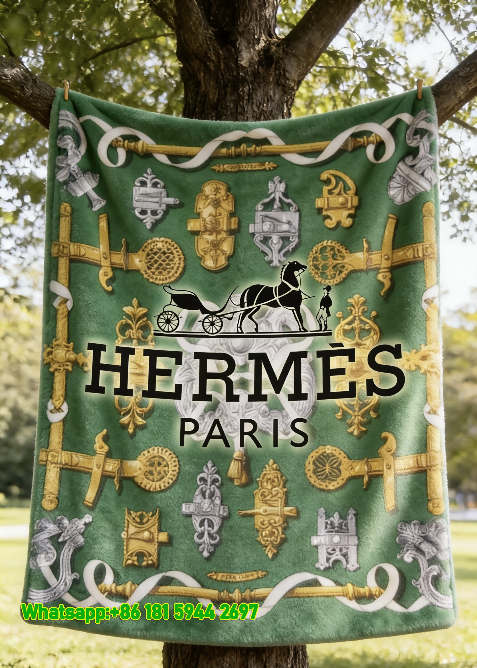 Luxury Hermès Green Vintage Lock Flannel Sofa Throw Blanket IMG_4940